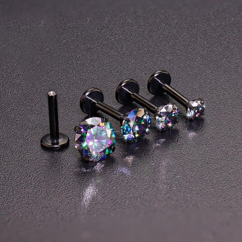 Kiethleasa Store قرط مويسانيت 16G 18G لون D نقاء VVS1، أقراط مسطحة ذات خيوط داخلية من التيتانيوم G23، مجوهرات ثقب فضية سوداء لثقب التراجي، الحلزون، والغضروف، لؤلؤة أنف مضادة للحساسية للنساء والرجال 1PCS - Image 3